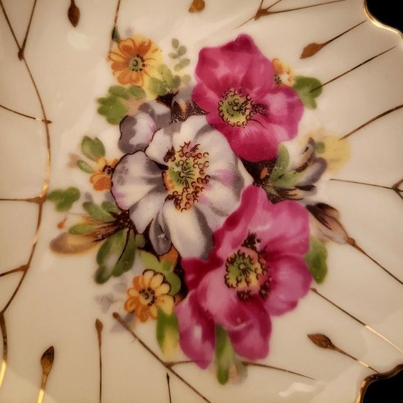 Nasco Del Coronado Leaf Shape Trinket Dish Flowers Gold Trim Handle Vintage - Picture 6 of 7